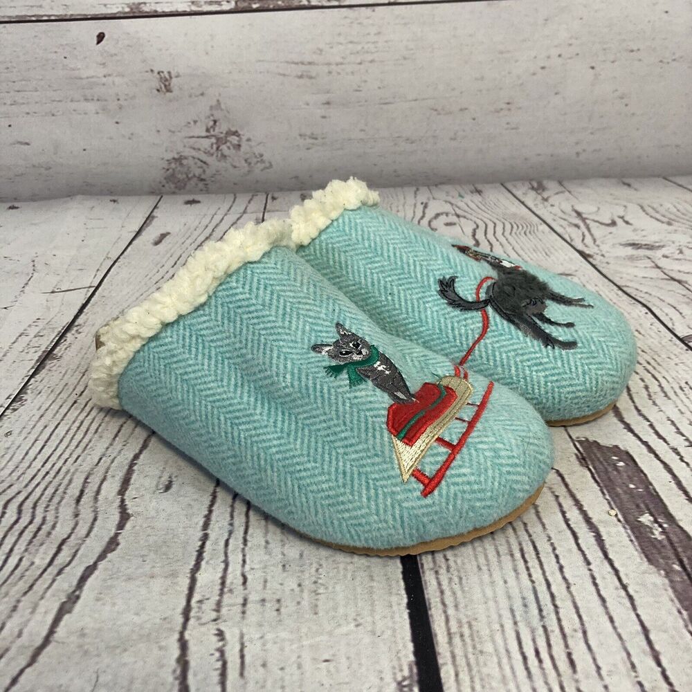 Lands End Slippers Womens 9B‎ Blue Cat and Lama Christmas Winter Unique Fun